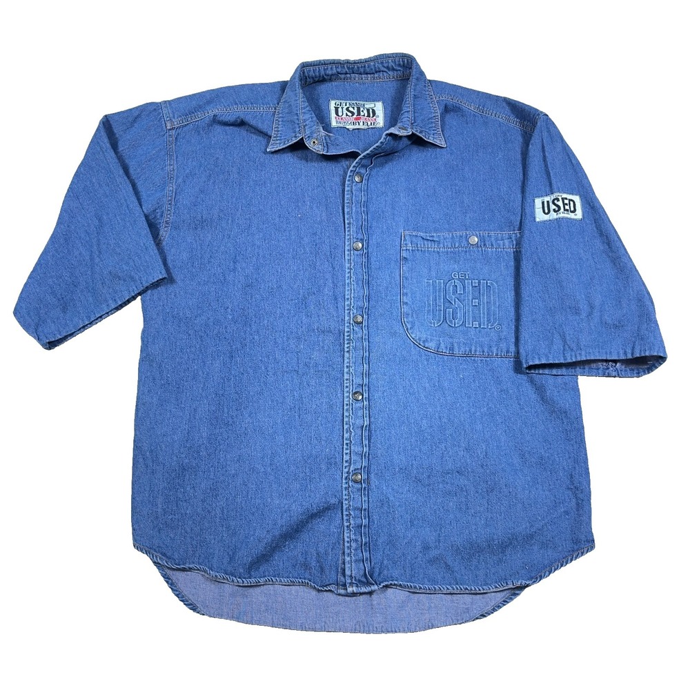 Vintage Get Used Denim Shirt Men Large Blue Jean Snap Button 80s 90s By Elite